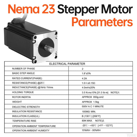 Nema 23 stepper motor front view with black housing, silver faceplate, protruding shaft.