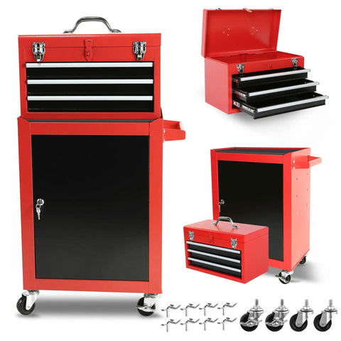 Heavy Duty Rolling Tool Chest With Sturdy Swivel Wheels And Three Smooth Drawers Plus Versatile Removable Top Box, red steel mobile cart.