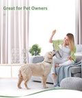 Woman and dog indoors, promoting True High Efficiency Air Filter Replacement That Matches Original Performance At Half The Cost.