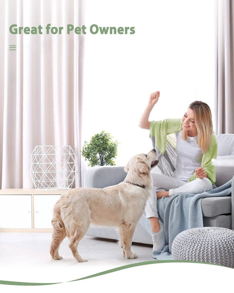 Woman and dog indoors, promoting True High Efficiency Air Filter Replacement That Matches Original Performance At Half The Cost.