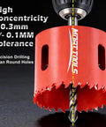 Badass 18 Piece Cobalt Bi Metal Hole Saw Kit That Slices Through Wood Plastic Drywall And Hardened Steel Like Butter Featuring High Concentric Precision Bits Ranging From Three Quarters To Two Point Five Inches - close-up of red hole saw with drill bit.
