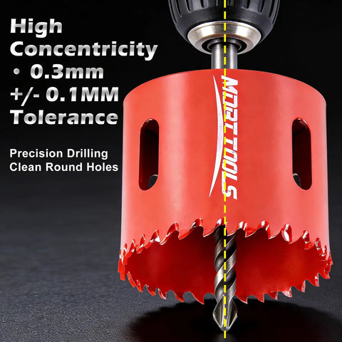 Badass 18 Piece Cobalt Bi Metal Hole Saw Kit That Slices Through Wood Plastic Drywall And Hardened Steel Like Butter Featuring High Concentric Precision Bits Ranging From Three Quarters To Two Point Five Inches - close-up of red hole saw with drill bit.