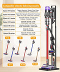 Dyson Vacuum Stand And Cordless Vacuum Accessory Organizer For V15 V11 V10 V8 V7 V6 And DC30 DC31 DC34 DC35 DC58 DC59 DC62 DC74 Heavy Duty Metal Storage Holder with attached vacuum and compatibility chart
