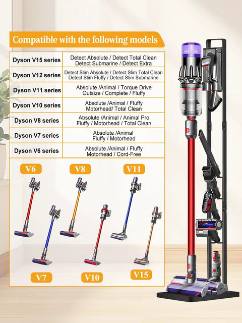Dyson Vacuum Stand And Cordless Vacuum Accessory Organizer For V15 V11 V10 V8 V7 V6 And DC30 DC31 DC34 DC35 DC58 DC59 DC62 DC74 Heavy Duty Metal Storage Holder with attached vacuum and compatibility chart