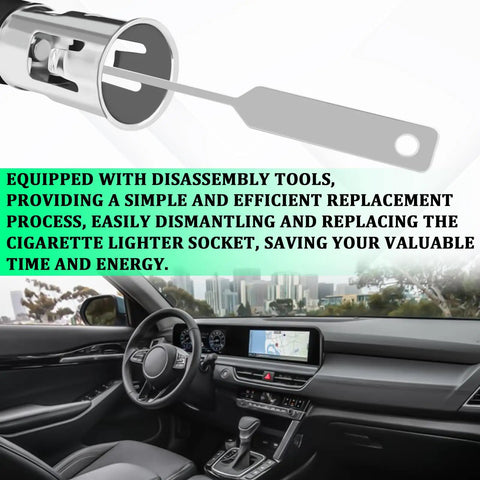 Interior view of car dashboard with 12V Cigarette Lighter Socket With Removal Tool For Cars, Easy Plug And Play Replacement Power Outlet Kit.