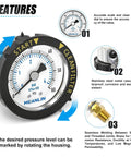 Stainless Steel Start And Clean Filter Pressure Gauge One Quarter Inch NPT Two Inch Dial Back Mount With Rotatable Plastic Frame For Pool Pump Spa And Aquarium showing scale and metal case features