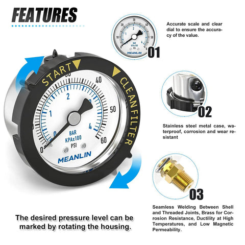Stainless Steel Start And Clean Filter Pressure Gauge One Quarter Inch NPT Two Inch Dial Back Mount With Rotatable Plastic Frame For Pool Pump Spa And Aquarium showing scale and metal case features