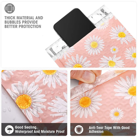 Pink 6x10 Bubble Mailers With Self Seal Padded Envelopes Patterned With Fancy Daisies Usable Size 6x9, showing material and seal.