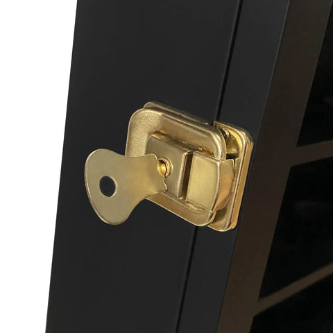 Close-up of gold lock on Lockable Wall Mount Golf Ball Display Case with polished plexiglass shelves and black finish.