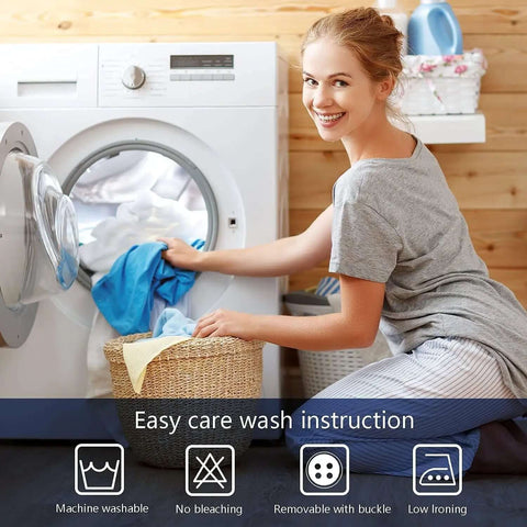 Woman loading washing machine in bright laundry room with easy care instructions displayed