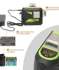 Green Rotary Laser Level Kit with plumb points, charger, Li-ion battery, for DIYers and Pros, showing power options and details.