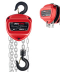 CREWORKS 1-ton hand chain hoist with red housing, black hook and metal chain (front view)