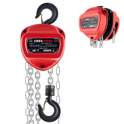 CREWORKS 1-ton hand chain hoist with red housing, black hook and metal chain (front view)