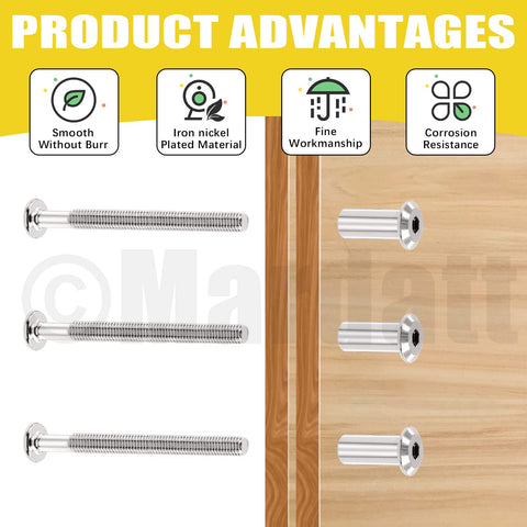 24 Pcs M6x70mm Hex Socket Cap Bolts Kit With Barrel Nuts And Hex Key Silver Nickel Plated displayed with product advantages