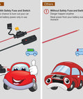 Comparison image showing safety fuse and switch setup for 8 Pod RGB Rock Lights for Trucks With APP Control and Remote Music Mode.