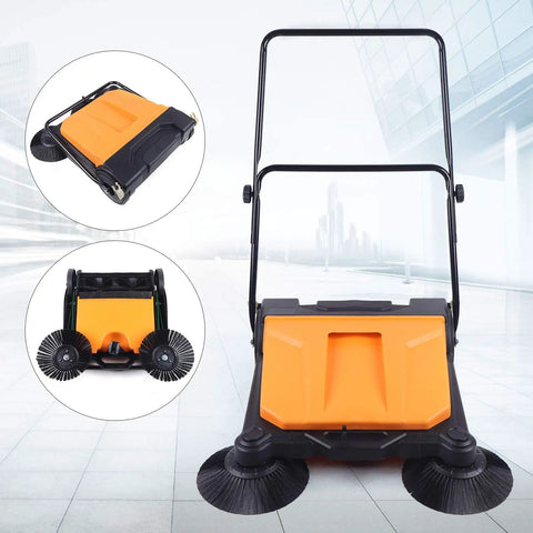 Heavy Duty 26 Inch Walk Behind Floor Sweeper Foldable Workhorse For Warehouse Street And Garage Easy Manual Push Operation with broom detail.
