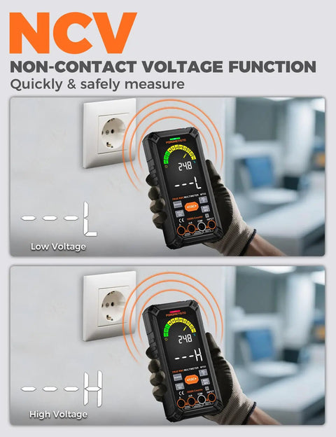 True RMS 10000 Counts Digital Multimeter With Rechargeable Battery showing NCV live wire detection at low and high voltage.