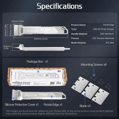 Specifications of Panda Edge All Metal 3D Printer Scraper Kit With 3 SK5 Steel Blades Comfortable Grip Handle CNC Machined 6061 Aluminum Alloy