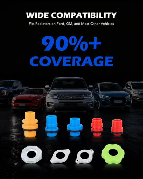 Slick No Mess Coolant Funnel Kit 17 Piece Leakproof Radiator Bleeder Tool Universal Fit with various colored connectors.