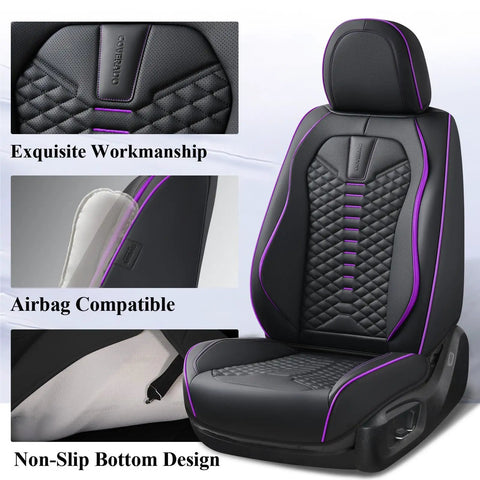Premium Nappa Leather Car Seat Covers Full Set With Waterproof Protection For 5 Seats Black And Purple Design Front View