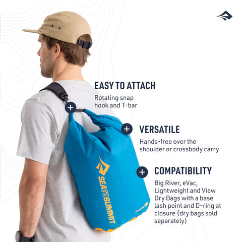 Person using Dry Bag Sling Strap For Hands Free Carrying Turn Your Dry Bags Into An Over The Shoulder Or Crossbody Tote 38 Inch Adjustable Nylon Webbing With 3D Mesh Shoulder Pad For Even Weight Distribution