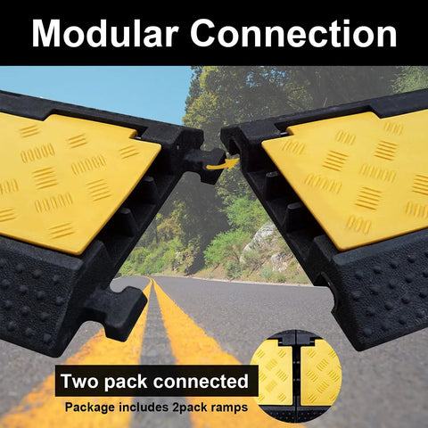 Close-up of two connected pieces of a 2 Pack 3 Channel Rubber Cable Ramp Protector showing modular connection feature.