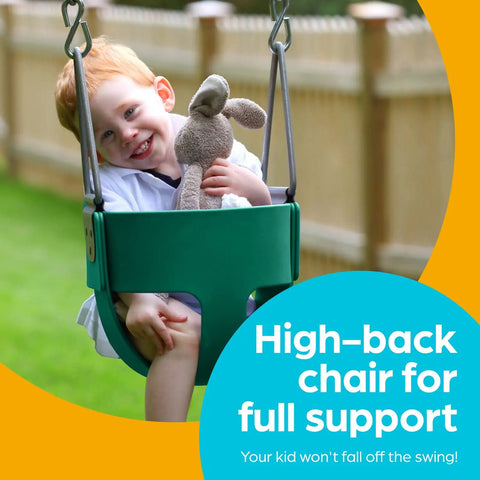Child in Outdoor Baby Swing For Toddlers With High Back Bucket Seat Heavy Duty Coated Chains Fully Assembled Backyard