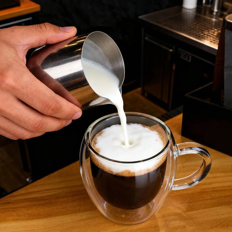 Pouring milk into Six Pack Double Wall Insulated Espresso Cups With Handles Clear Borosilicate Glass Shot Glasses Heat Resistant