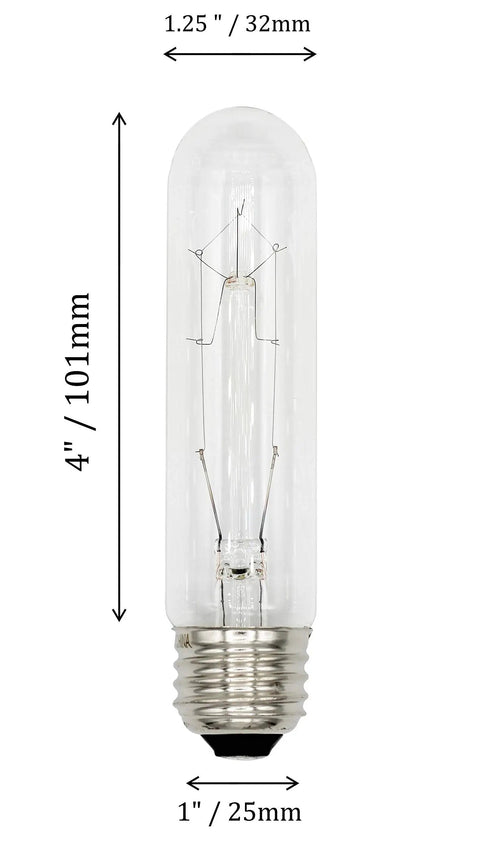 Pack Of 4 25W T10 Clear Tubular Light Bulbs 120V E26 Medium Base Incandescent 180 Lumens Warm White Ideal For Signs Displays Cabinets And Art Or Collectibles Illumination, bulb dimensions.