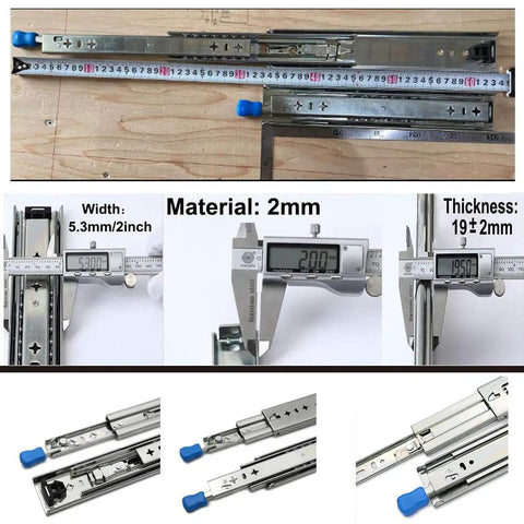 Heavy Duty Full Extension Ball Bearing Drawer Slides With Lock 52 Inch Steel Cabinet Runners Pair with detailed dimensions and material.