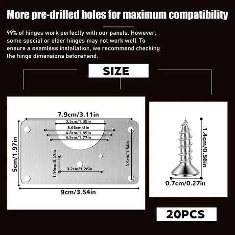 Diagram of 20-Piece Cabinet Hinge Repair Kit with Upgraded Half Square Plates and Screws, showing dimensions and compatibility.