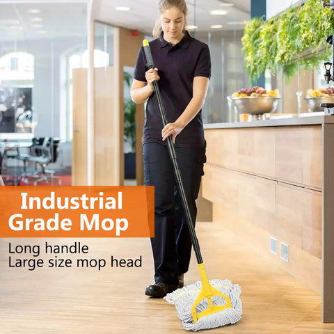 No Sweat Heavy Duty Commercial Mop Bucket On Wheels With Side Press Wringer And 35 Quart Size For Knocking Out Floor Cleanup Fast At Hotel Or Bank Sites Today being used by a janitor in a modern lobby.