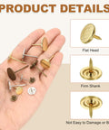 Gold Flat Head Upholstery Thumb Tacks 100 Count Top Shelf Decorative Push Nails in hand, flat heads and firm shanks for easy use.
