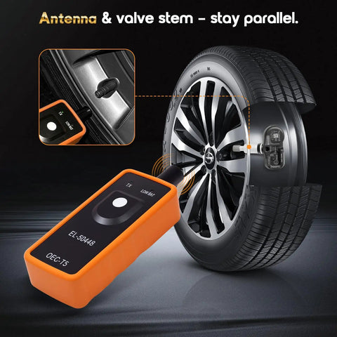 No Hassle Tpms Relearn Tool For Gm Cars El 50448 activating tire pressure sensor on a shiny alloy wheel.