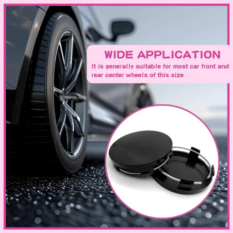 Pack Of Four Black Car Wheel Center Hubcaps Rock Solid Abs Plastic Snap On Rim Covers Universal Fit displayed with sleek tire background.