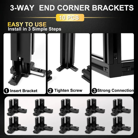 Heavy Duty 2020 Aluminum Extrusion Hardware Kit with 3 Way End Corner Brackets installation steps and 10 piece set view.