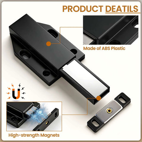 Magnetic Push Door Latch Set in ABS plastic, showing magnet and detail view, Heavy Duty Cabinet Catches, 2 Pack