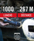 Person using Polysteel 600 Focusing LED Flashlight With 740 Lumens, Rugged 8-Inch Full-Size Power Beam on metal surface