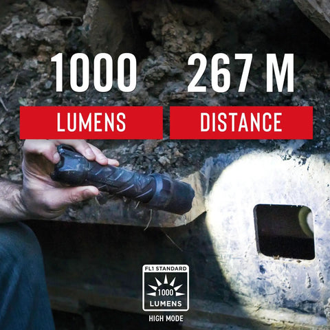 Person using Polysteel 600 Focusing LED Flashlight With 740 Lumens, Rugged 8-Inch Full-Size Power Beam on metal surface