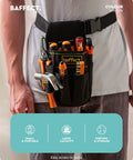 Person wearing Pocket Tool Pouch With Six Pouches And Nine Screwdriver Loops Heavy Duty Electrician Tool Bag with tools.