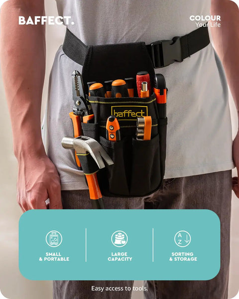 Person wearing Pocket Tool Pouch With Six Pouches And Nine Screwdriver Loops Heavy Duty Electrician Tool Bag with tools.