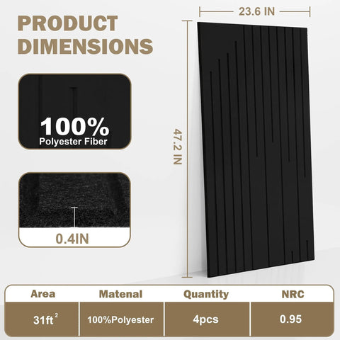 Fresh Groove Design Acoustic Wall Panels For Legit Sound Absorption And Echo Reduction Solid Noise Blocking Tight Home Office Studio Decor Modern Flat Textured Finish dimensions and material details, black polyester fiber, 47.2x23.6 in.