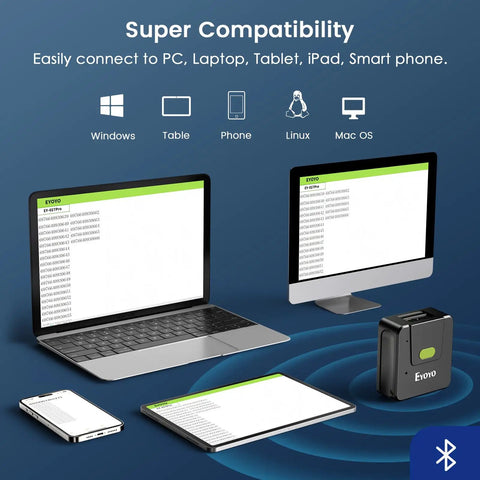 EyoYo barcode scanner compatible with PC, tablet, iPad, smartphone via Bluetooth, showing connected devices.