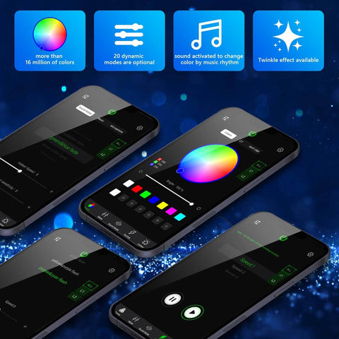 App interface for Mini 6W Starlight Headliner Kit with color options, dynamic modes, and twinkle effect for home decoration