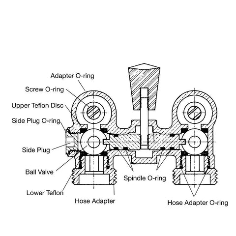 Technical diagram of 2T-M2 1/2 Inch Brass Tubular Washing Machine Hot Water Shut Off Valve components, labeled parts include o-rings and ball valve.