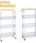 7.1 Inch Wide Slim Rolling Storage Cart On Wheels With Four Tiers, narrow white metal cart with wood top and handle