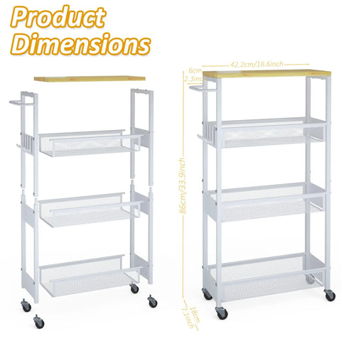 7.1 Inch Wide Slim Rolling Storage Cart On Wheels With Four Tiers, narrow white metal cart with wood top and handle