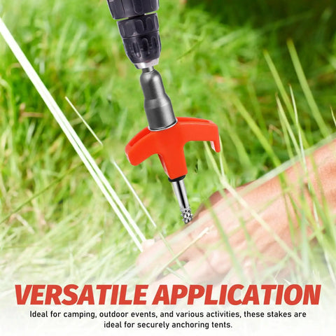 Rock Solid Heavy Duty Metal Tent Stakes Set With 7.87 Inch Screw In Pegs And Plastic Rotating Heads In Bright Orange being drilled into grass