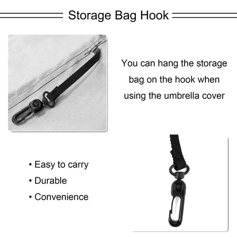 Close-up of storage bag hook for Waterproof Patio Umbrella Cover For 7 To 9 Ft Outdoor Market Parasol With Push Rod No Fuss