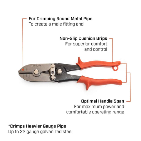 Nine and Three Quarters Inch Five Blade Hand Crimper for Gutters, Downspouts, and Metal Pipe Connections with non-slip grips